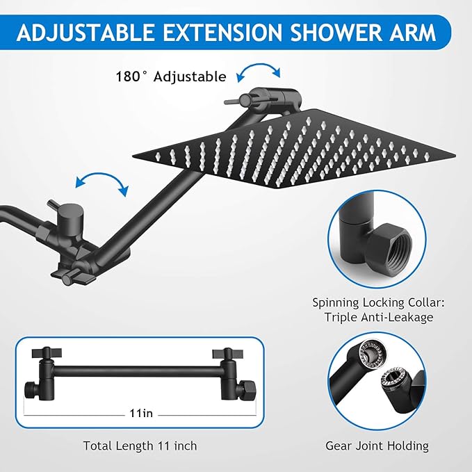 Shower Head Combo,10 Inch High Pressure Rain Shower Head with 11 Inch Adjustable Extension Arm and 5 Settings Handheld Powerful Shower Spray Against Low Pressure Water - Matte Black