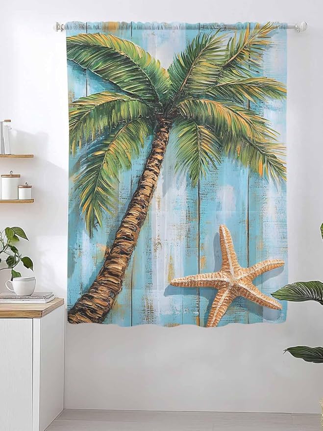 Sheer Curtains 63 Inch Length, Coastal Beach Tree Semi Sheer Curtains Light - Image 2