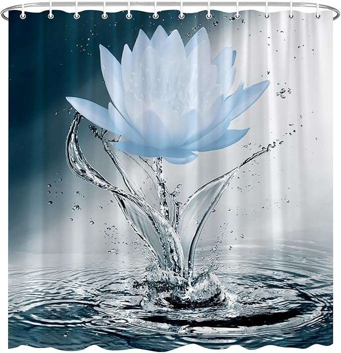 Lotus Shower Curtain Black White Blue Flower Elegant Blooming Floral with Dew Spring Flower Reflection on Water Modern Romantic Polyester Fabric Bathroom Decor 70×96 Inch with Hook