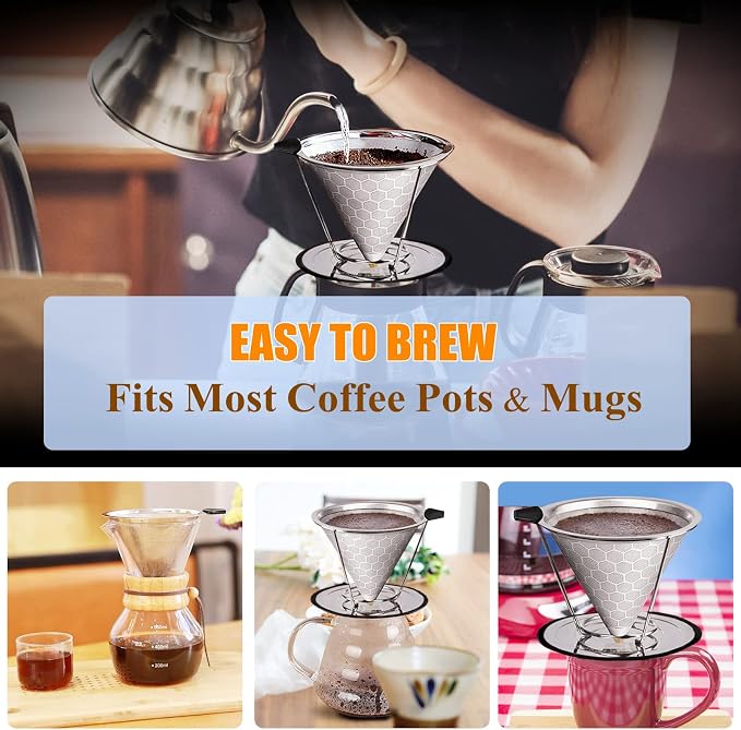 Pour Over Coffee Dripper, Reusable Cone Coffee Filter 1-4 cup, Stainless Steel - Image 2