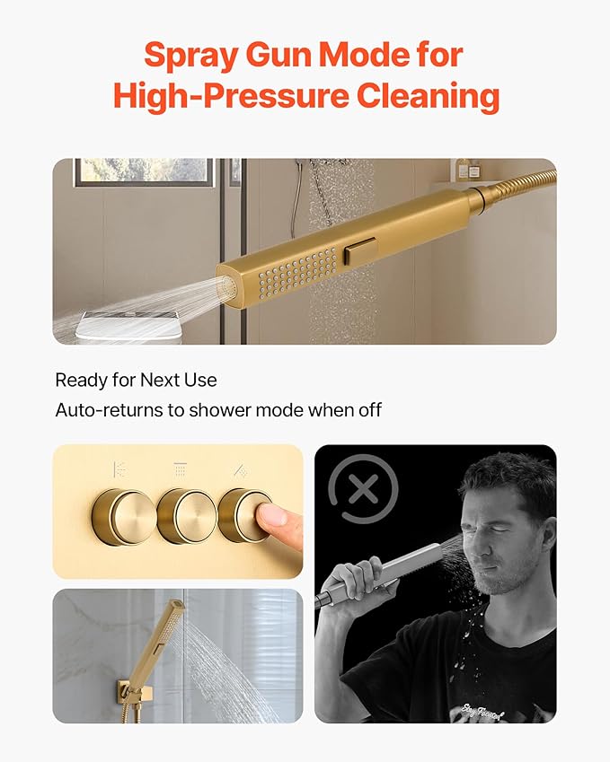 VEVOR Shower Faucet Set, 12 Inch Thermostatic Ceiling Mount Rainfall Shower System with 6 Inch Wall Mount Head and 2 in 1 Handheld Spray, 3-Function Dual Rain Head Brass Valve Trim Kit, Brushed Gold