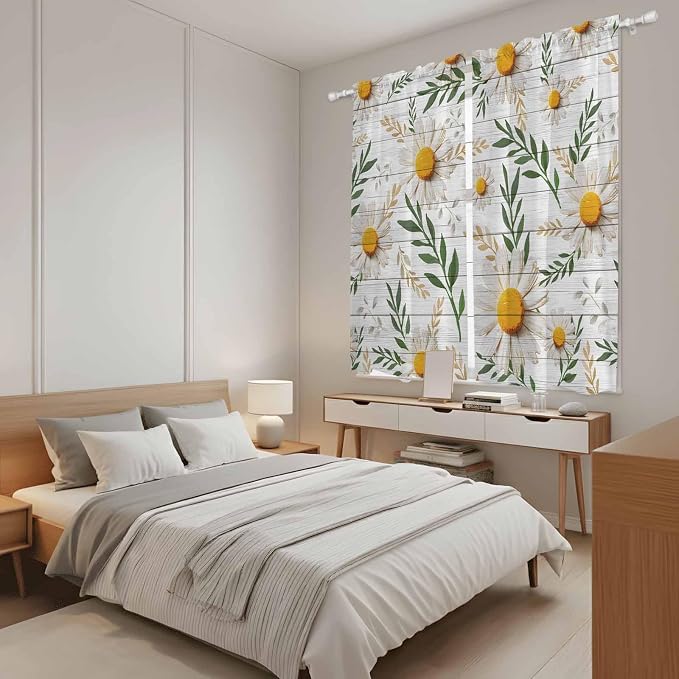 Spring Daisy Kitchen Curtains, Farmhouse Country Flower Leaf Plant Wood Grain - Image 4