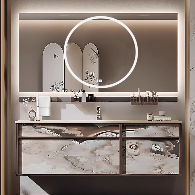 52IN Modern Bathroom Vanity with Sink - Bathroom Vanity with Drawer Organizer, LED Mirror Lights & Defogging Function | Wall - Mounted Vanity with Multifunctional Storage Rack