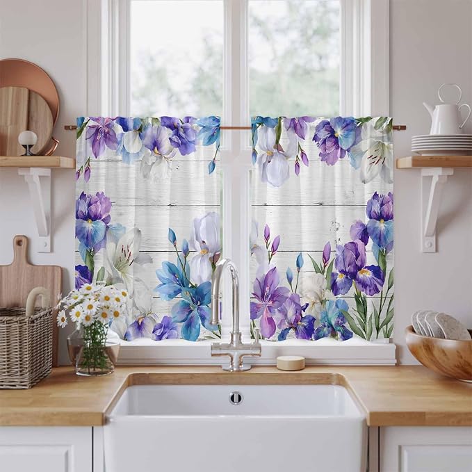 Spring Flowers Tier Curtains, Watercolor Garden Florals Wooden Grain Light - Image 2
