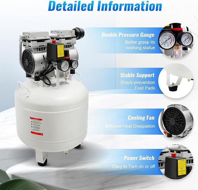 750W 40L Dental Medical Oil-Free Air Compressor, 115PSI 165L/min All-Copper - Image 4