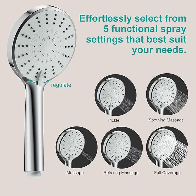 Shower Slide Bar Handheld Shower Head with Hose, 5-Function Hand Shower with Wall Mount，shower slide bar,adjustable height shower head (A-round, Chrome)