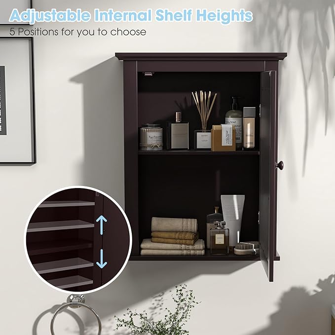 Safeplus Brown Medicine Cabinet with Mirror, Wall Mounted Adjustable Storage for Bathroom, Living Room, Bedroom, Entryway and Kitchen