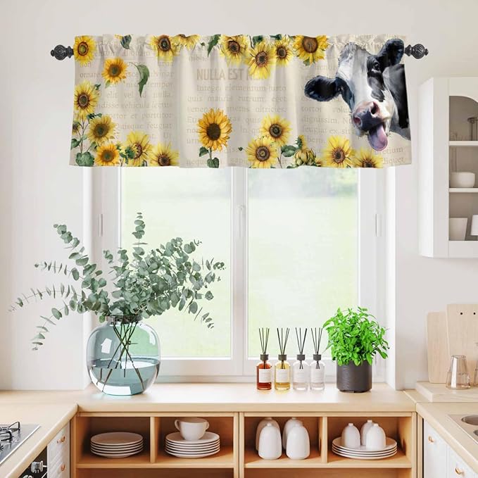 Kitchen Curtains Tiers and Valance Set of 3, Cow Sunflowers Light Filtering - Image 4