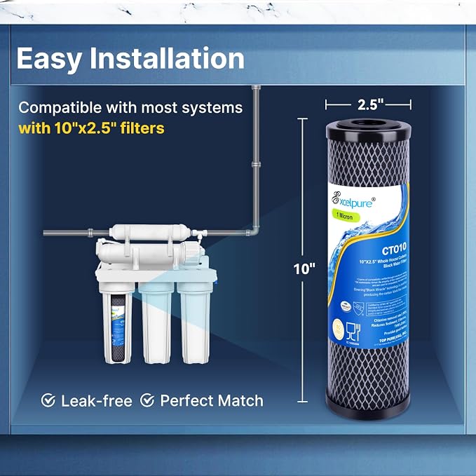 EXCELPURE 1 Micron 10" x 2.5" Whole House CTO Carbon Water Filter Cartridge - Image 6