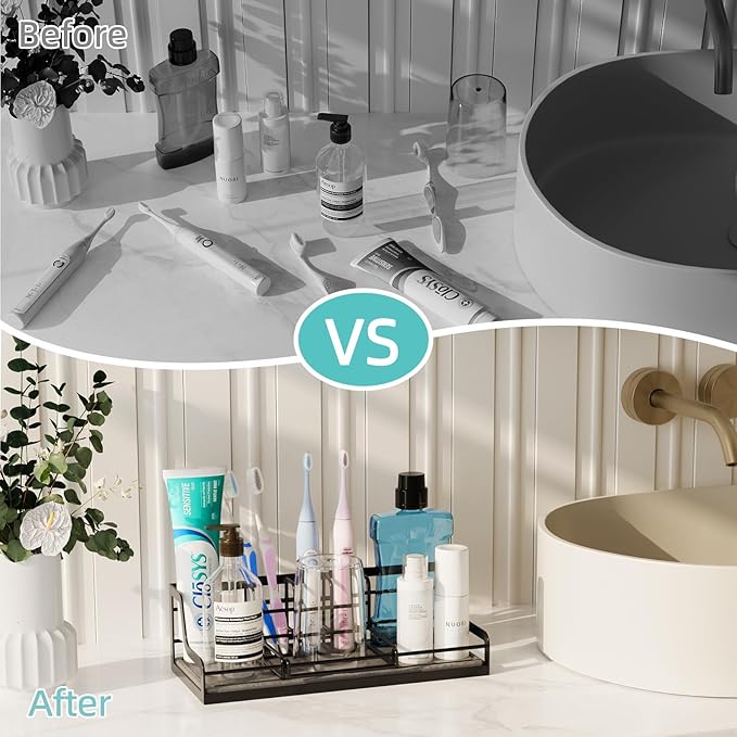 Toothbrush Holders, Bathroom Organizers and Storage with Instant Drying Stone, 6 Slots Bathroom Accessories with Adjustable Toothpaste Holders, Bathroom Counter Organizer, Black