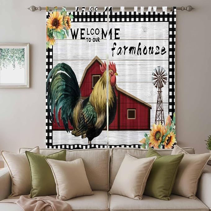 Farmhouse Rooster Living Room Curtains 96 Inch Length, Window Curtains Tab Top - Image 3