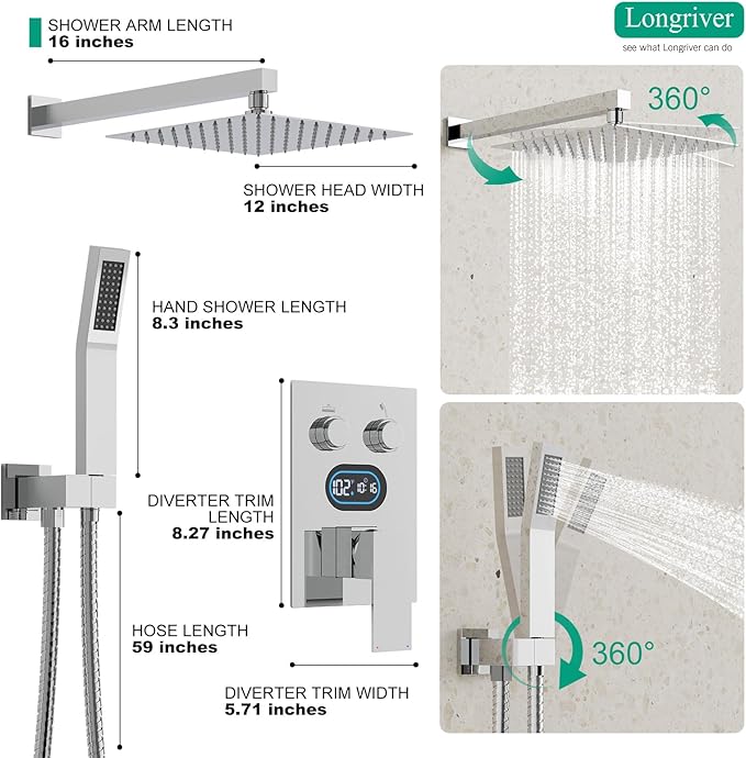 Push Button Diverter Shower Faucet Set Hydro Power Temperature Display, Shower System 12 Inch Shower Head with Handheld Spray, Wall Mounted Shower Fixtures with Valve and Trim Kit, Polished Chrome