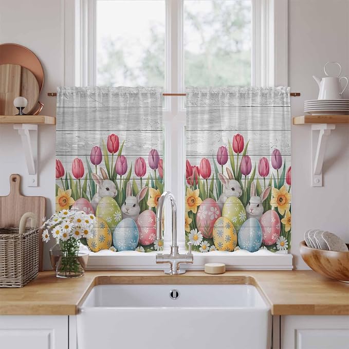 Easter Kitchen Tier Curtains 45 Inch Long 2 Panel Set, Rod Pocket Short Window by Unknown