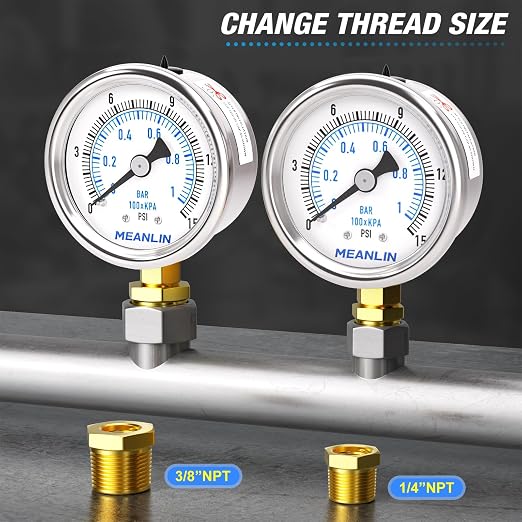 MEANLIN MEASURE 0~15Psi Dry Low Pressure Gauge Stainless Steel 1/" NPT 2" FACE - Image 3