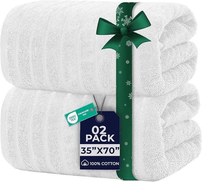 DAN RIVER Pack of 2 Bath Sheet 35x70 Inches, Super Soft Quick Dry Ribbed Cotton Towels, Luxury Oversized White Bath Towels