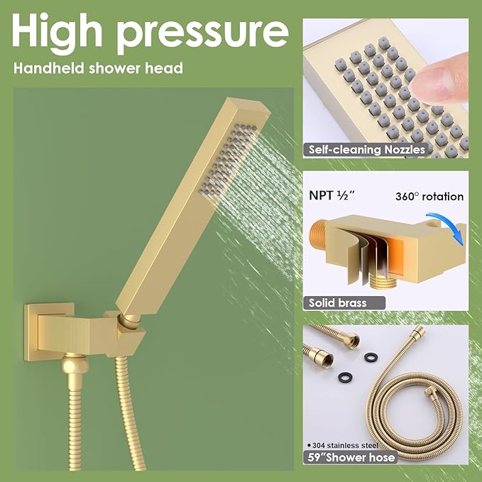 Enga Dual Shower Head System with Body Jets, 12"+ 6" Wall Mounted Dual Rain Shower Faucet with Valve Kit, Brushed Gold