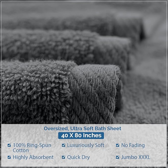 DAN RIVER Pack of 1 Bath Sheet 40x80 Inches, Extra Large Gray Bath Towels Oversized, Absorbent Cotton Towels for Bathroom