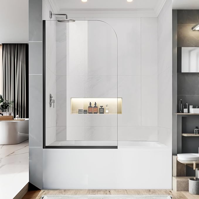 Bathtub Shower Glass Panel, 34" W X 58" H Tub Shower Door Fixed Glass Doors in Matte Black with 1/4"(6mm) Clear Tempered Door, Simple Shower Door Panel Easy to Install for Bathroom