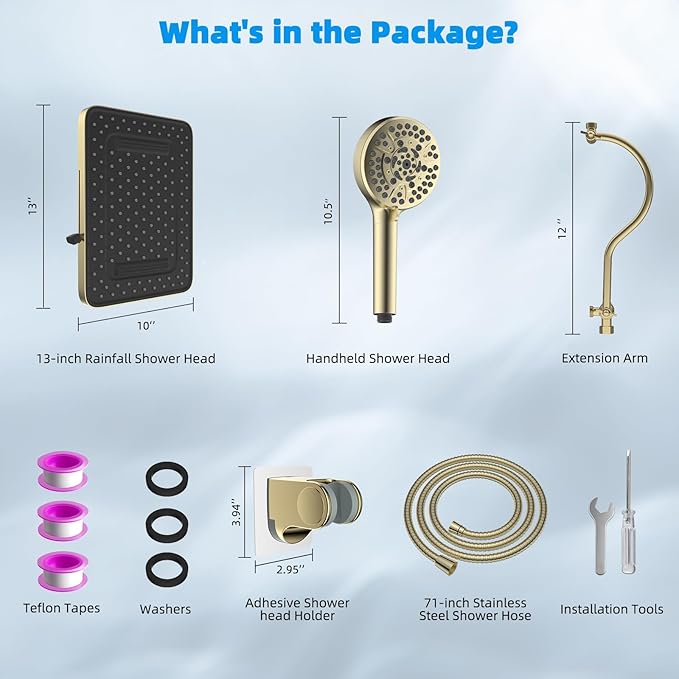 Hibbent High Pressure 13'' Dual Shower Head Combo with 10-mode Handheld Spray, Upgraded Rainfall 5-spray Shower Head, 12'' Adjustable Extension Arm, 71'' Hose, Showerhead Holder, Brushed Gold