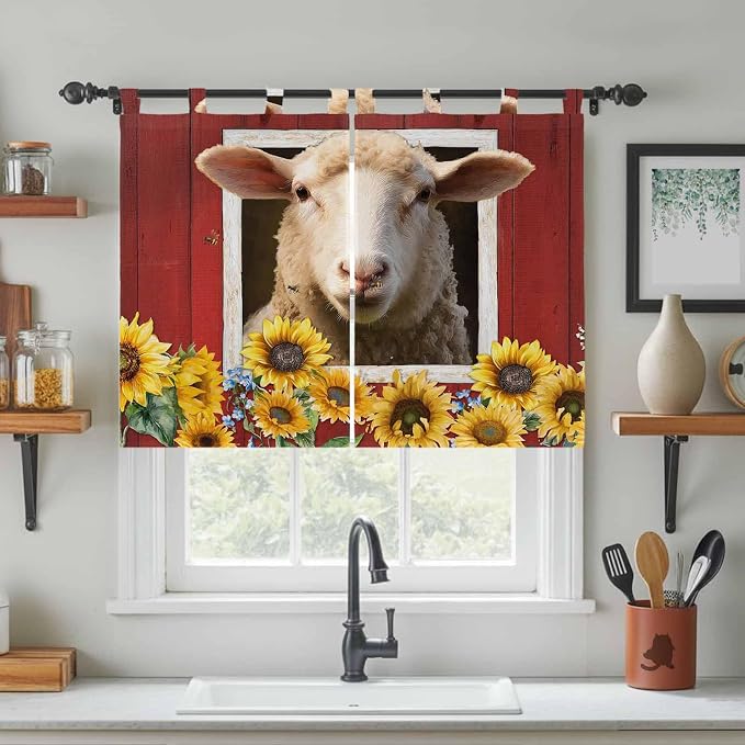 Sheep Sunflower Bedroom Curtains 63 Inch Length, Window Curtains Tab Top - Image 3