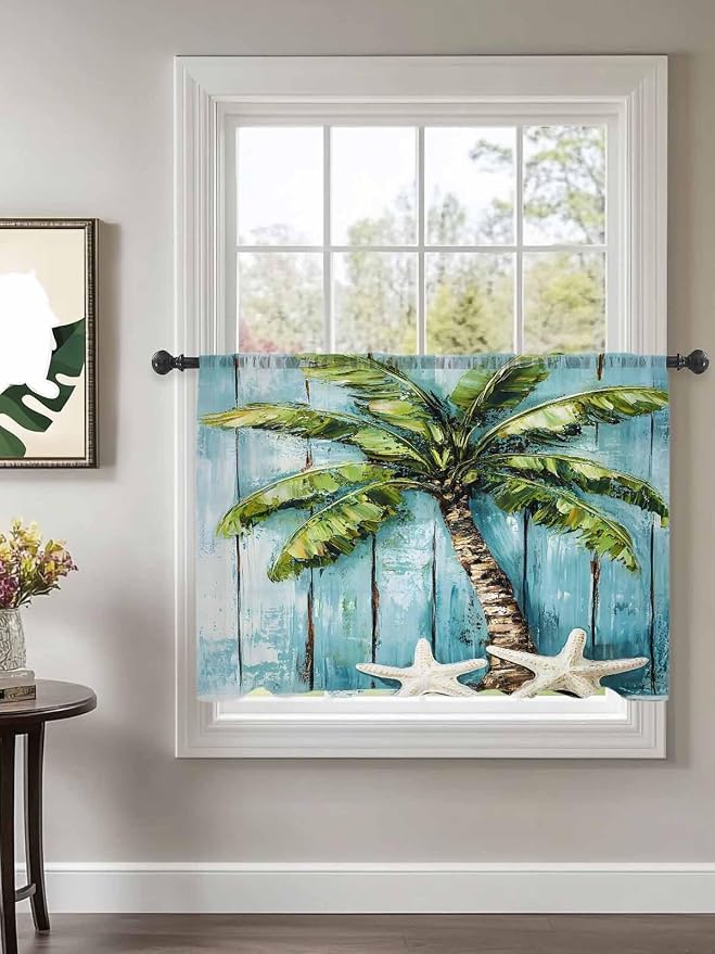 Sheer Curtains 45 Inch Length, Coastal Beach Starfish Semi Sheer Curtains Light - Image 2