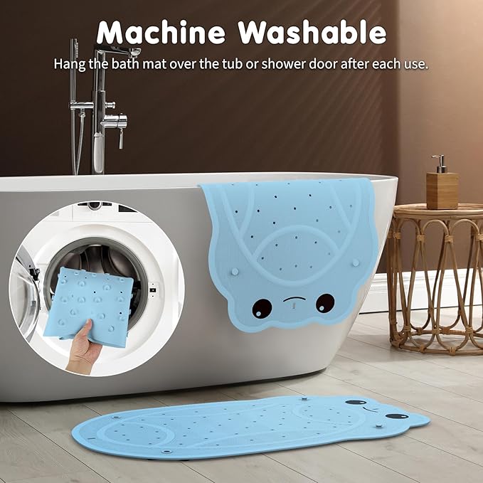 Bathtub Mat Non Slip, Kids Bath Mat 30"x 18", Bath Mat for Tub Non Slip with Strong Suction and Textured Surface, Natural Rubber Latex Free PVC Free Safe for Baby, Frog Pattern, Blue