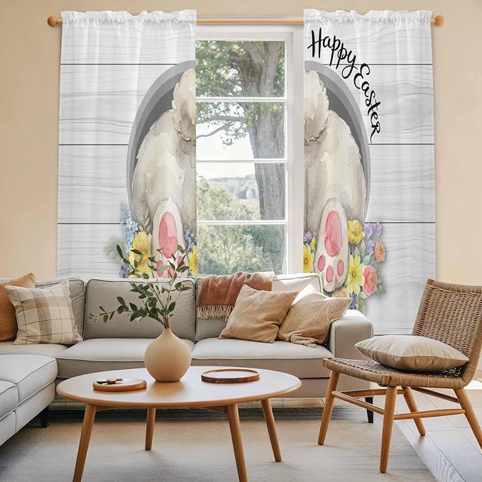 Easter Bunny Window Curtains 72 Inch Long 2 Panel Set, Rod Pocket Long Curtains - Image 3