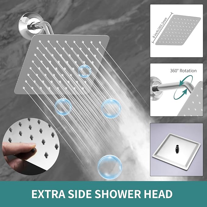 Triple Shower Head Shower System Chrome Full Body Shower System with Digital Display Shower Valve, 12"+8"+8" Three Top Shower Heads,Handheld Shower and Body Jets