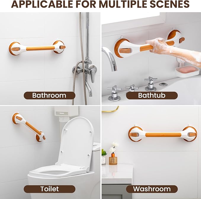 TAILI Shower Grab Bar 16 Inch Suction Cup Grab Bars for Bathroom, Removable Shower Safety Handle Heavy Duty Bathtub Grip for Seniors & Elderly, Strong Handrails No Drilling Waterproof, Wood Grain