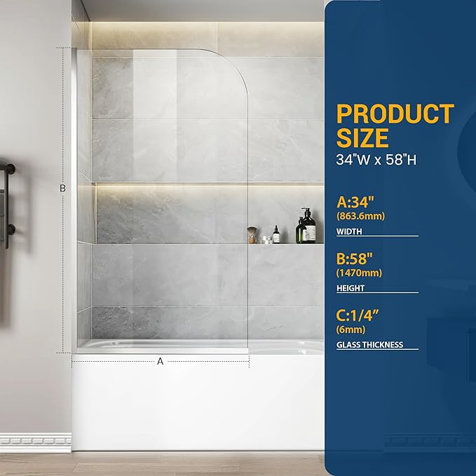 Bathtub Shower Glass Panel, 34" W X 58" H Tub Shower Door Fixed Glass Doors in Silver with 1/4"(6mm) Clear Tempered Door, Simple Shower Door Panel Easy to Install for Bathroom
