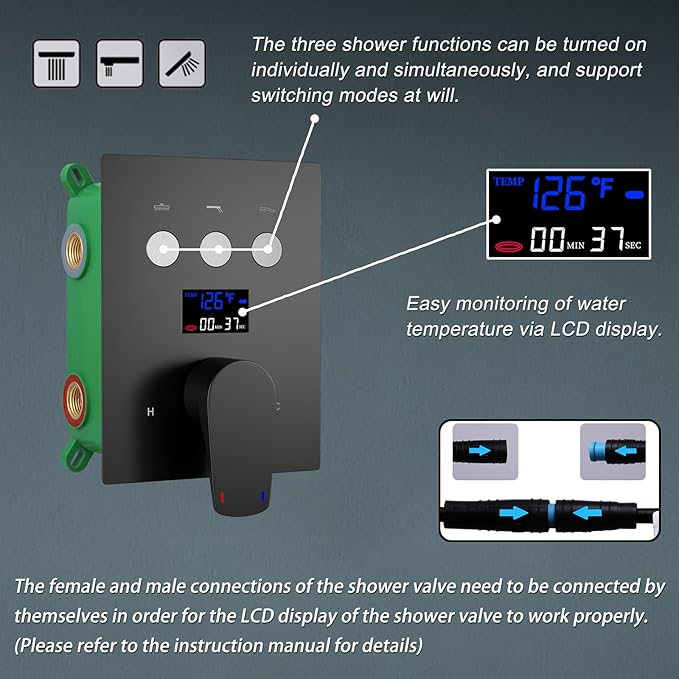Matte Black Shower System with Body Jets, 12 inch Wall Mounted Shower Head and Handheld Spray