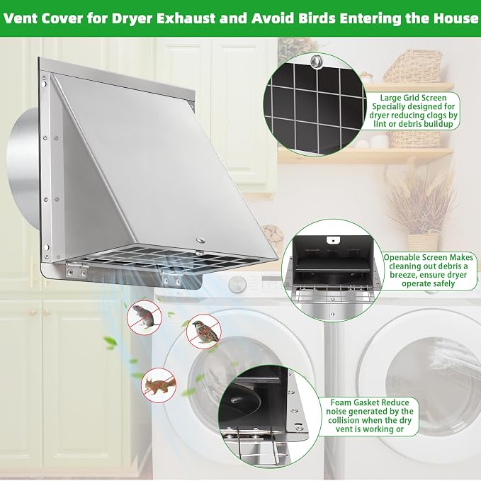6 Inch Wall Vent with Screen and Damper, 304 Stainless Steel Outdoor Wall - Image 3