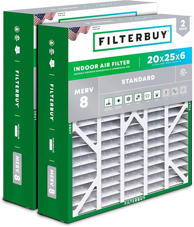 Filterbuy 20x25x6 Air Filter MERV 8 Essential Dust & Allergy Defense, Pleated by Filterbuy