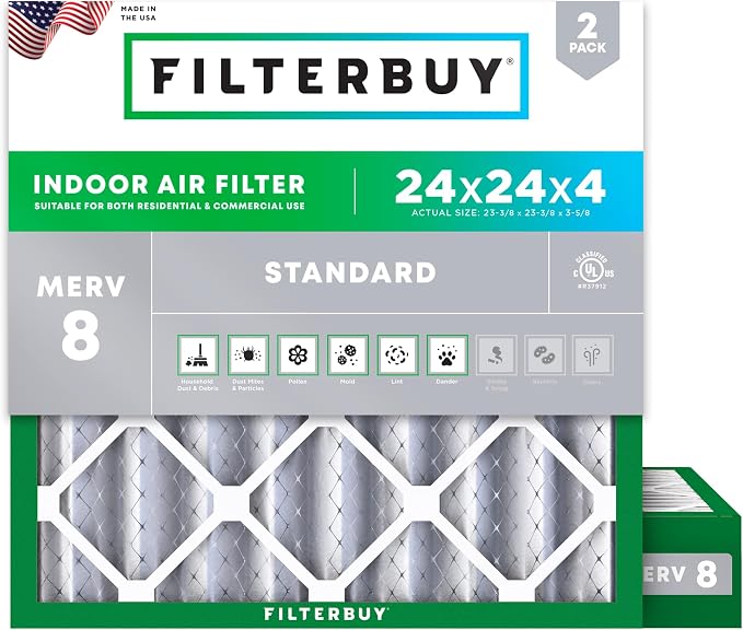 Filterbuy 24x24x4 Air Filter MERV 8 Essential Dust & Allergy Defense, by Filterbuy