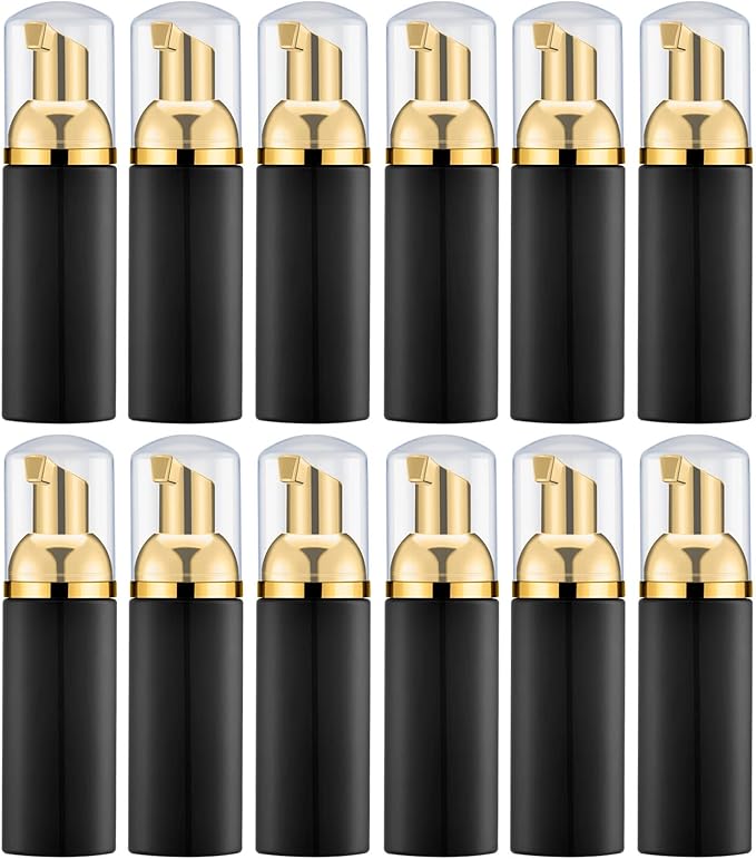 Lil Ray 2 Oz Empty Black Foam Pump Bottle, Foamer Soap Dispenser for Lash Shampoo, Hand Soap, Foaming Cleaner(Gold Pump, 12 PCS)