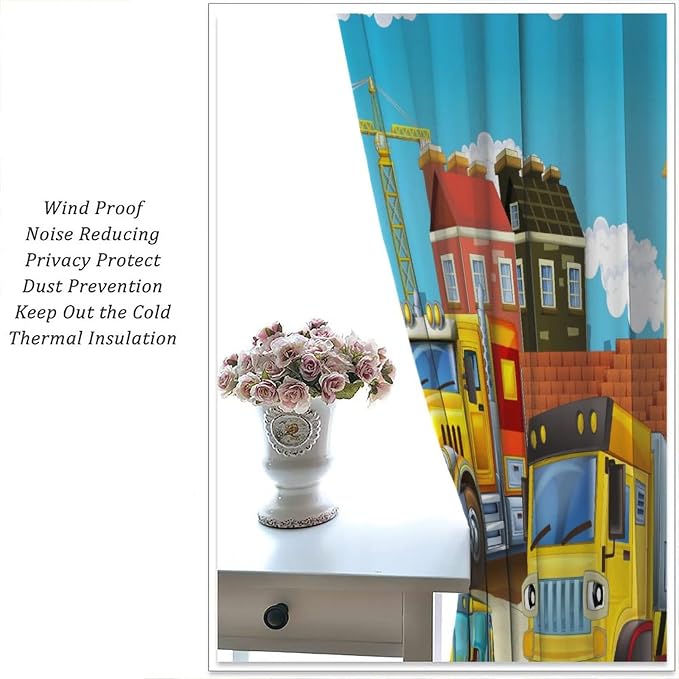 Kids Cartoon Construction Window Curtains, Funny Construction Site Cars and - Image 5