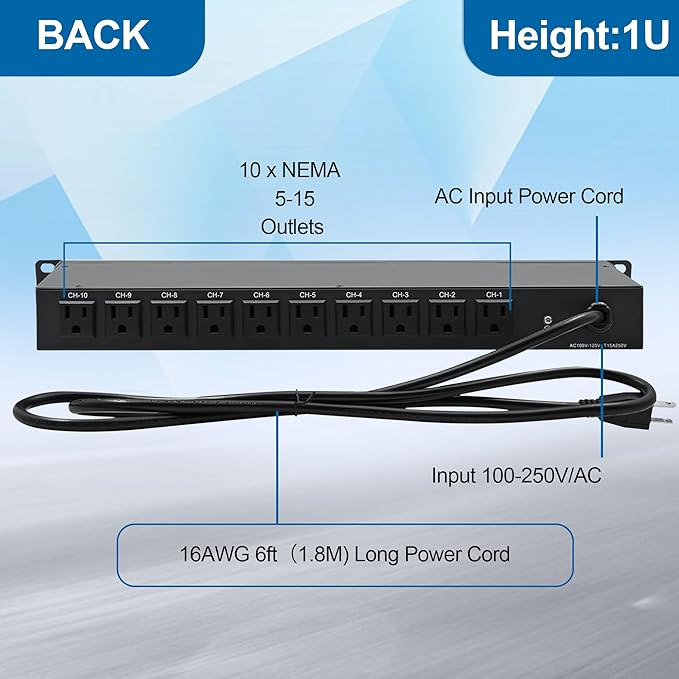 10-Outlet 1U Rack Mount Power Strip - Image 3