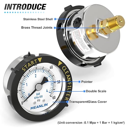 MEANLIN MEASURE 0~60Psi Stainless Steel Start and Clean Filter Pressure Gauge - Image 3