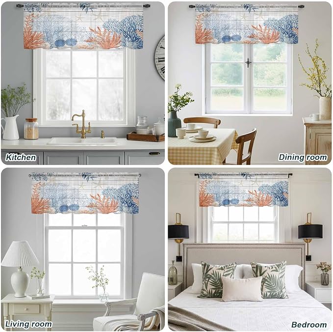 Ocean Corals Sheer Valance Curtains, Summer Beach Coral Sea Stars Wood Grain - Image 9