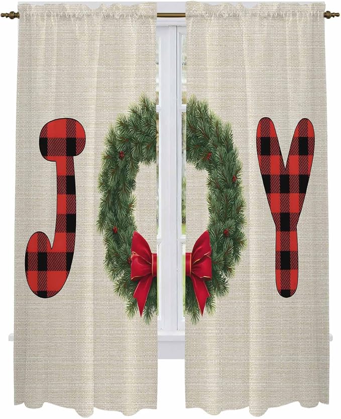 Red Green Christmas Window Curtains 72 Inch Long 2 Panel Set, Rod Pocket Long - Image 2