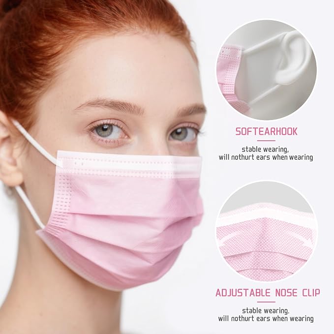 NNPCBT Pink Disposable Face Masks 100 Pack, 3-Ply Breathable Mask - Image 2
