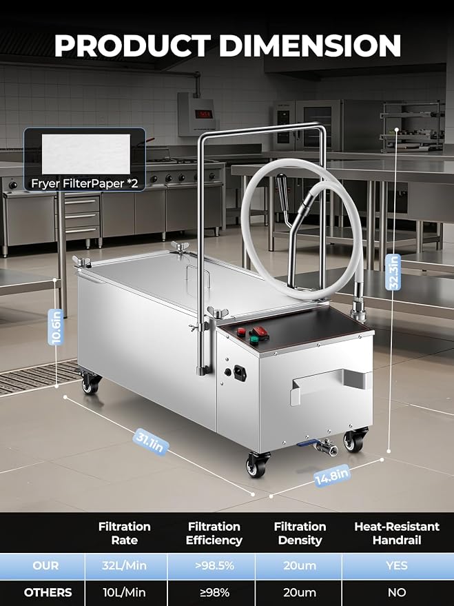 Mobile Fryer Oil Filter Machine, 55L/14.5GAL Fryer Filter Machine, Stainless - Image 8