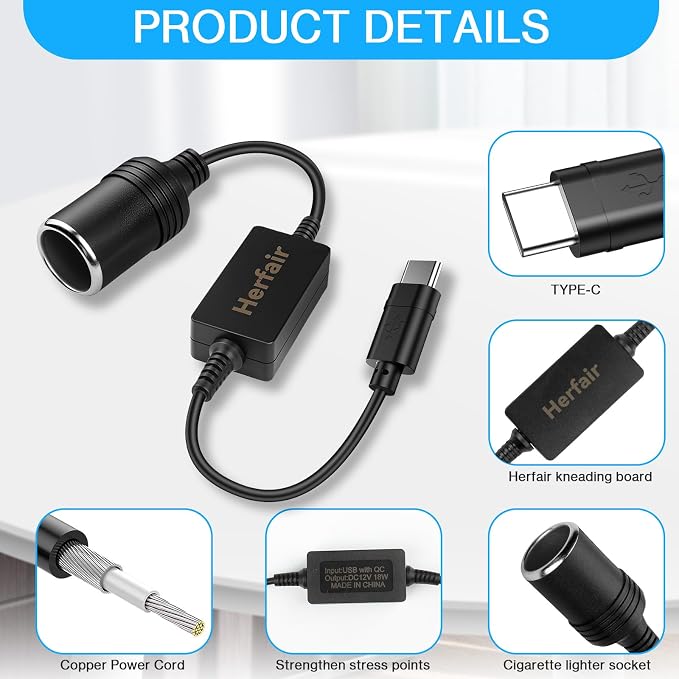 USB C Male to 12V Car Cigarette Lighter Socket Female Converter Adapter Power - Image 7