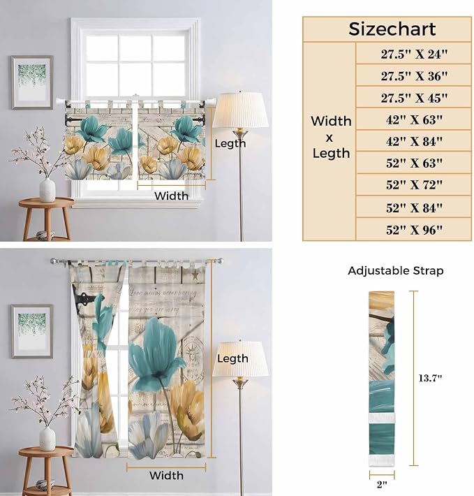 Watercolor Flowers Kitchen Curtains 45 Inch Length, Short Cafe Window Curtains - Image 8