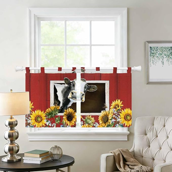 Cows Sunflowers Kitchen Curtains 24 Inch Length, Small Window Curtains Tab Top - Image 2