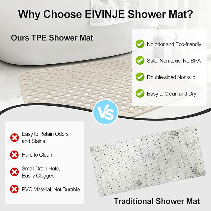 Anti Slip Shower Mat with Suction Cups,23.6x35.4 Inch Quick Drain TPE Non Slip Shower Mats for Inside Shower,Large Bath Mat for Shower Soft on Feet, Easy to Dry&Cut Machine Washable