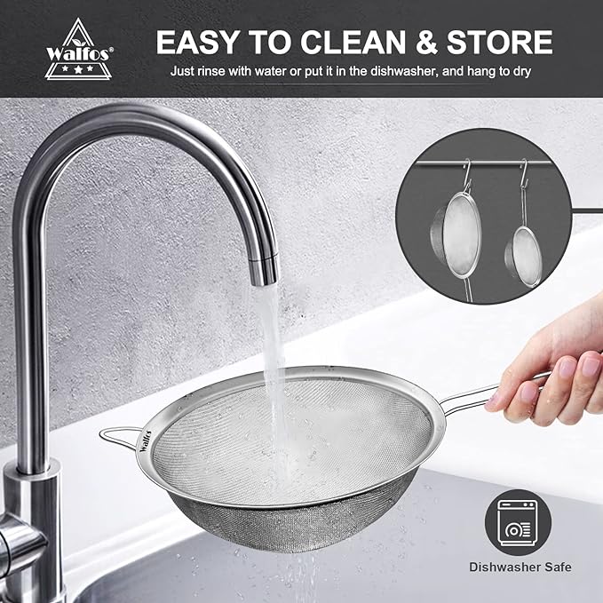 Walfos Large Fine Mesh Strainer 9.35" & 7.8", Stainless Steel Mesh Sieve - Image 7