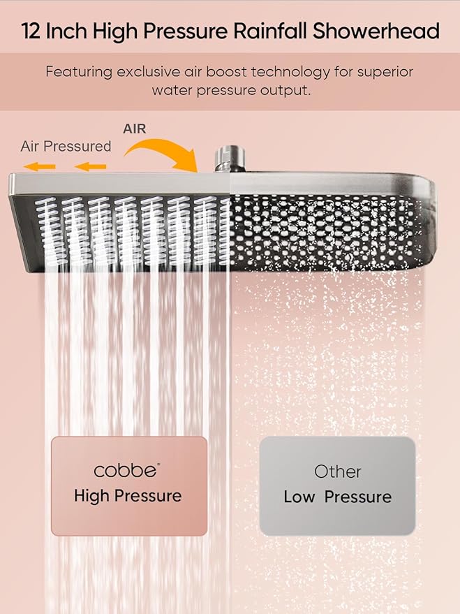 Cobbe 11.8 Inch Rain Shower Head with 6 Modes Handheld Water Spray，High Pressure Showerhead Combo with 11 Inch Adjustable Extension Arm, Brushed Nickel