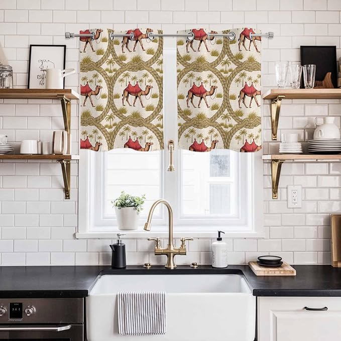 2 Panel Kitchen Cafe Curtains, Camels Palm Trees Sunlight Filtering Nature Air - Image 2