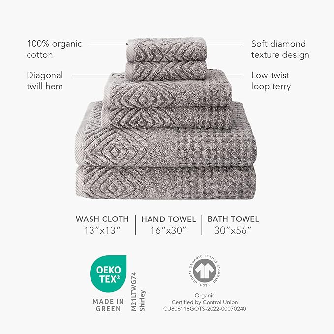 Texere 100% Organic Cotton Diamond Jacquard 700 GSM Luxury Bath Towel Sets - Ultra Soft and Absorbent Hotel and Spa Quality (Diamond, Cathedral Gray, 4 Bath Towels)